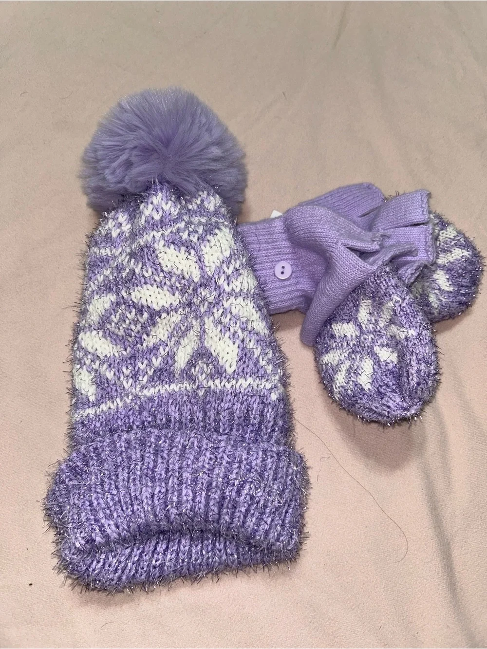 Lavender Snowflake Pom Beanie & Mittens Set